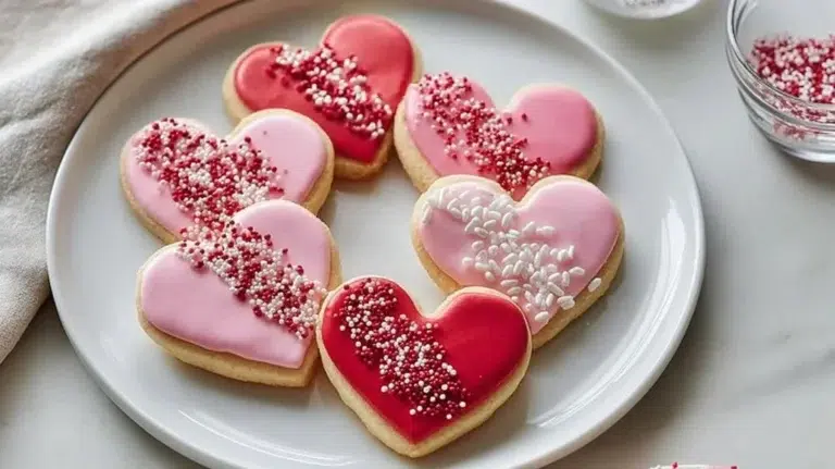 Heart-shaped sugar cookies decorated for Valentine's Day