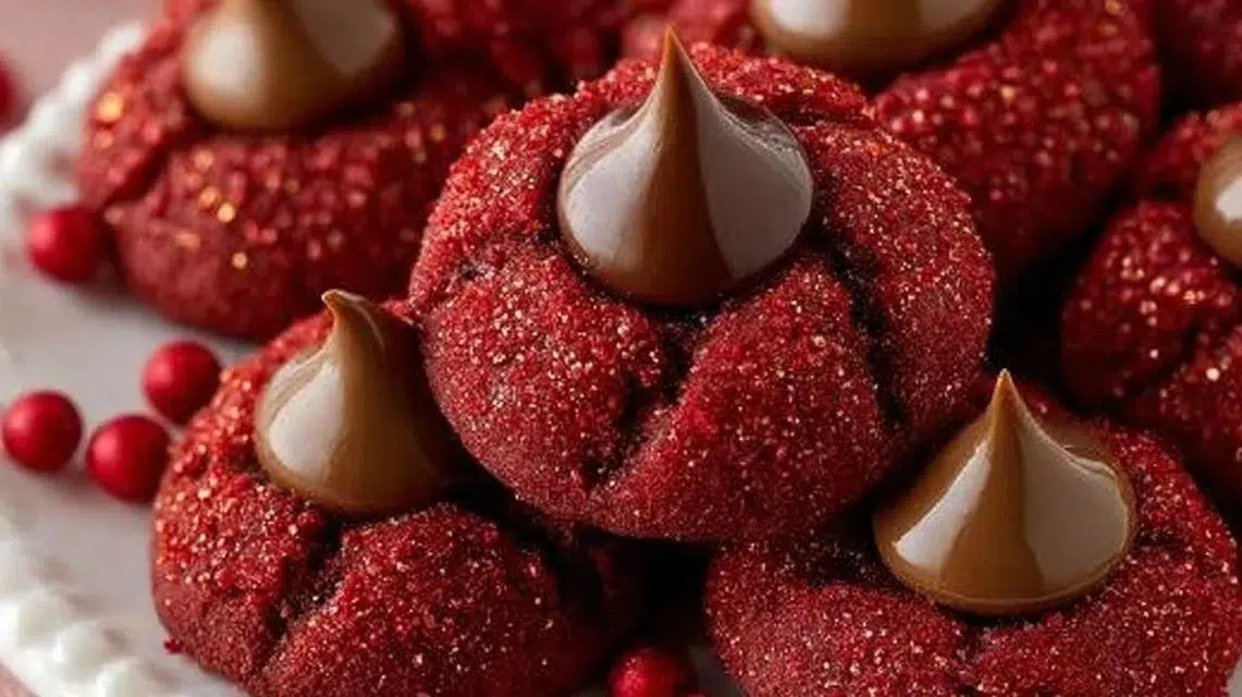 Hershey's Red Velvet Blossoms cookies with cream cheese frosting and red velvet color.