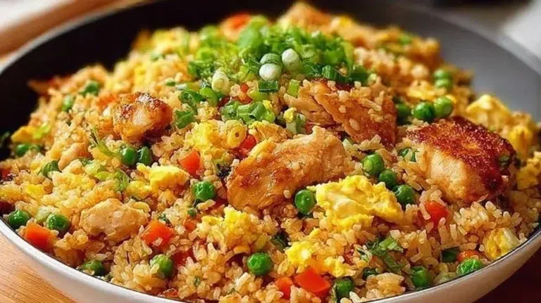 High protein chicken fried rice dish with vibrant vegetables
