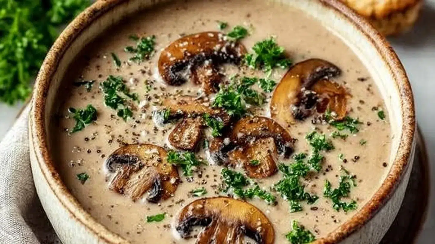 Delicious bowl of high-protein mushroom soup garnished with herbs.