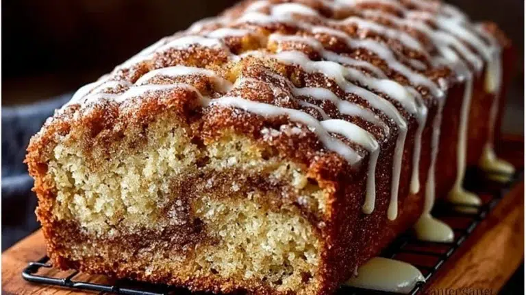 Homemade cinnamon swirl banana bread fresh out of the oven.