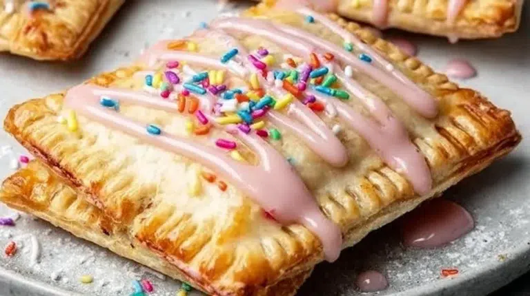 Homemade Pop Tarts filled with fruit and icing on a baking tray
