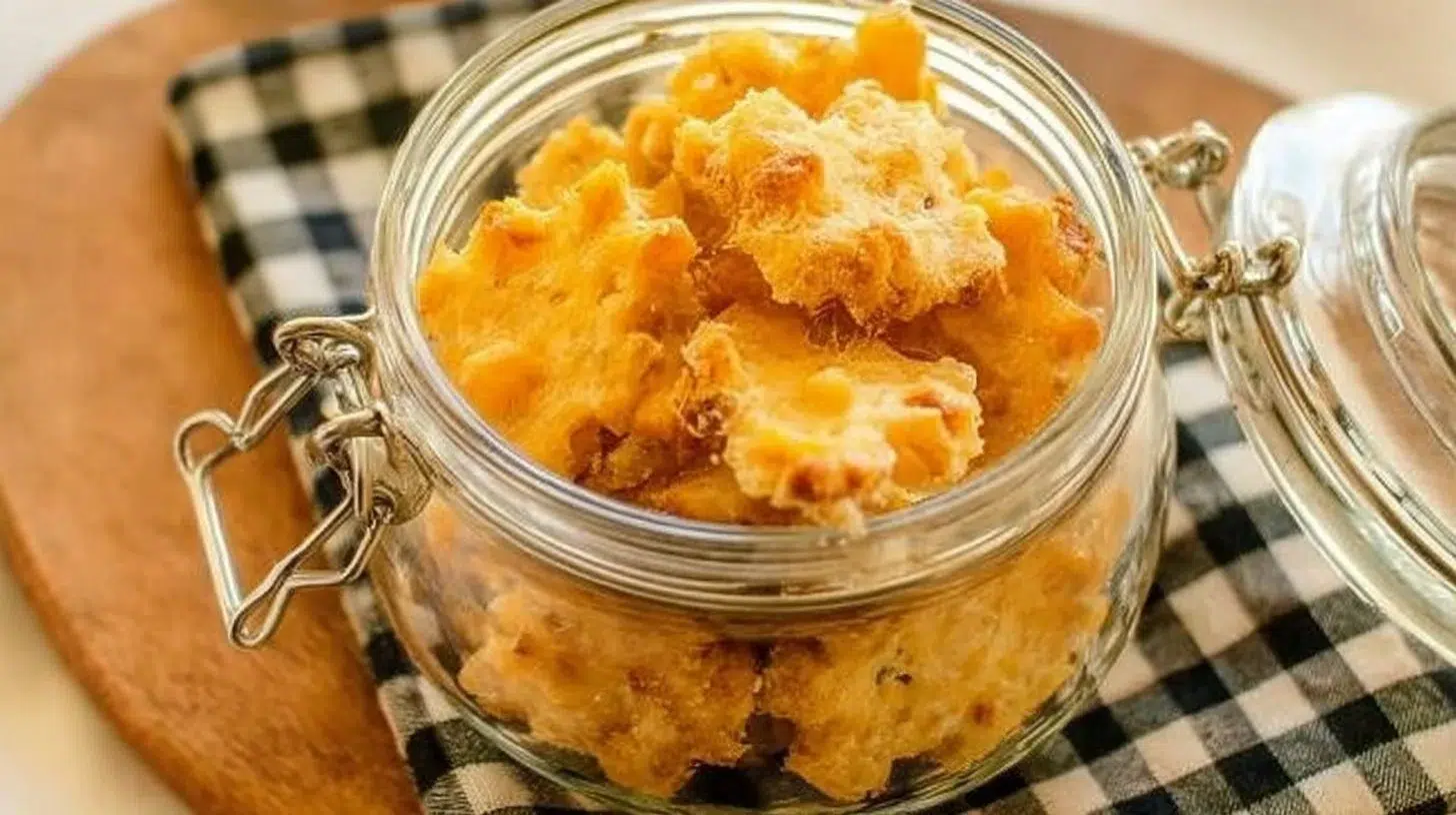 Homemade sourdough crackers topped with cheddar cheese on a wooden platter