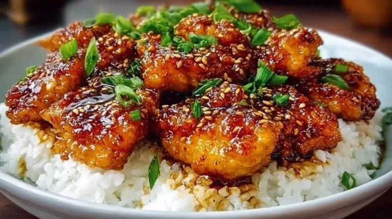 Honey Garlic Chicken served with rice and vegetables on a plate