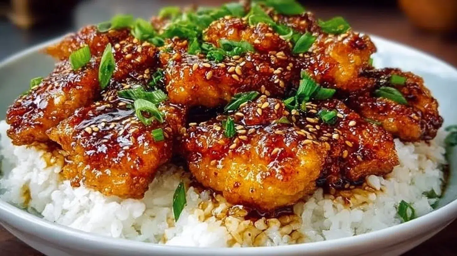 Honey Garlic Chicken served with rice and vegetables on a plate