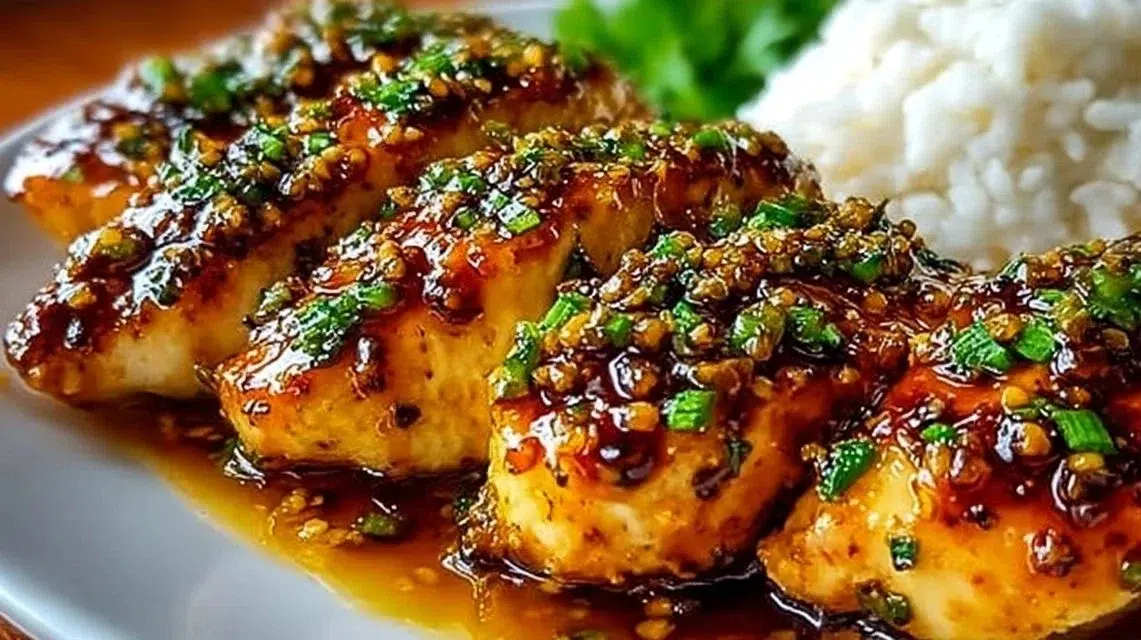 Honey Garlic Chicken Breasts served on a plate with a side of vegetables