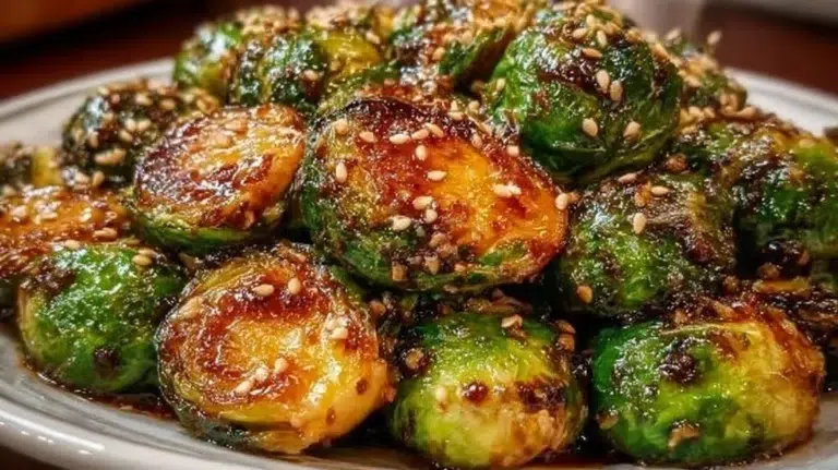 Bowl of Honey Garlic Roasted Brussels Sprouts garnished with herbs