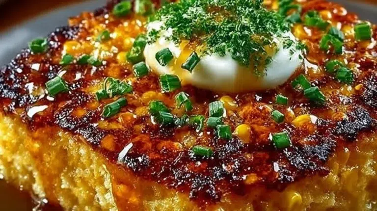 Honey-Glazed Corn Casserole served in a bowl, garnished with herbs.