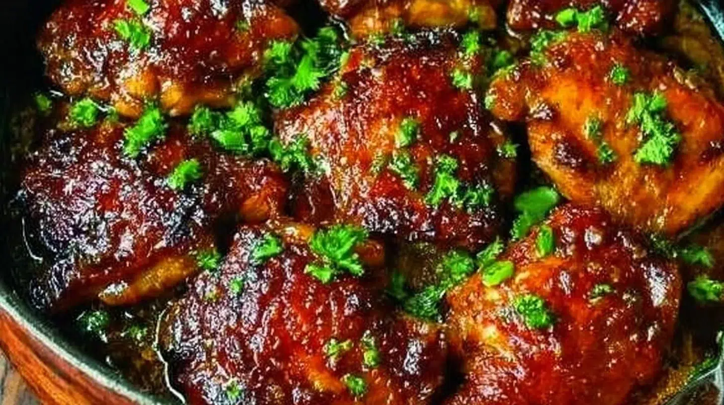 Delicious Honey Soy Chicken Thighs garnished with herbs on a plate.