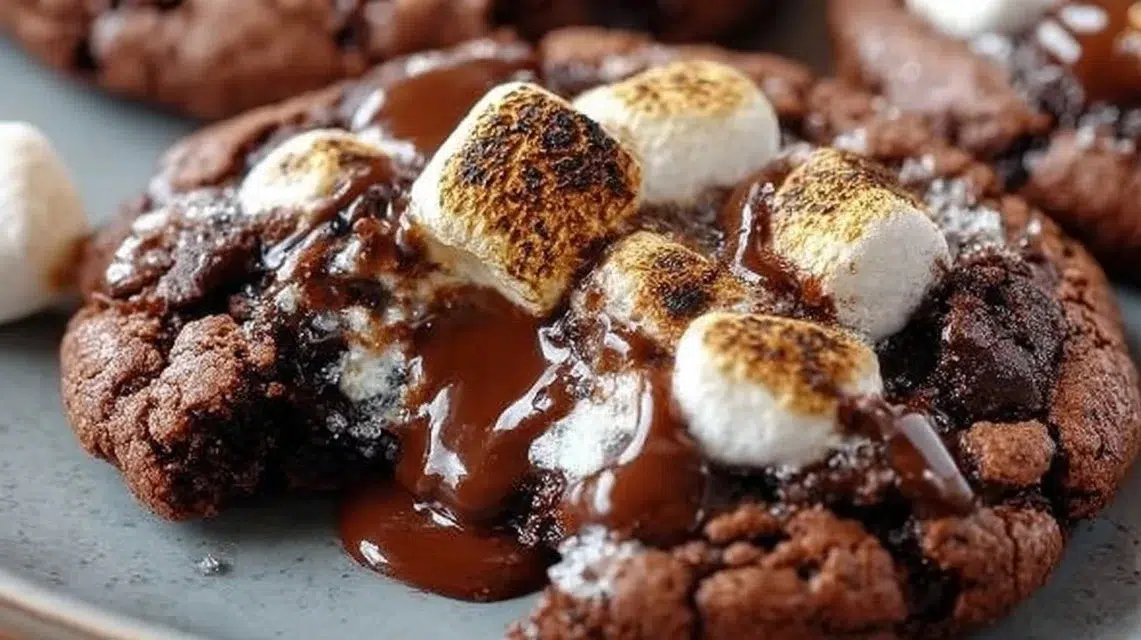 Delicious hot chocolate cookies with melted chocolate and marshmallows