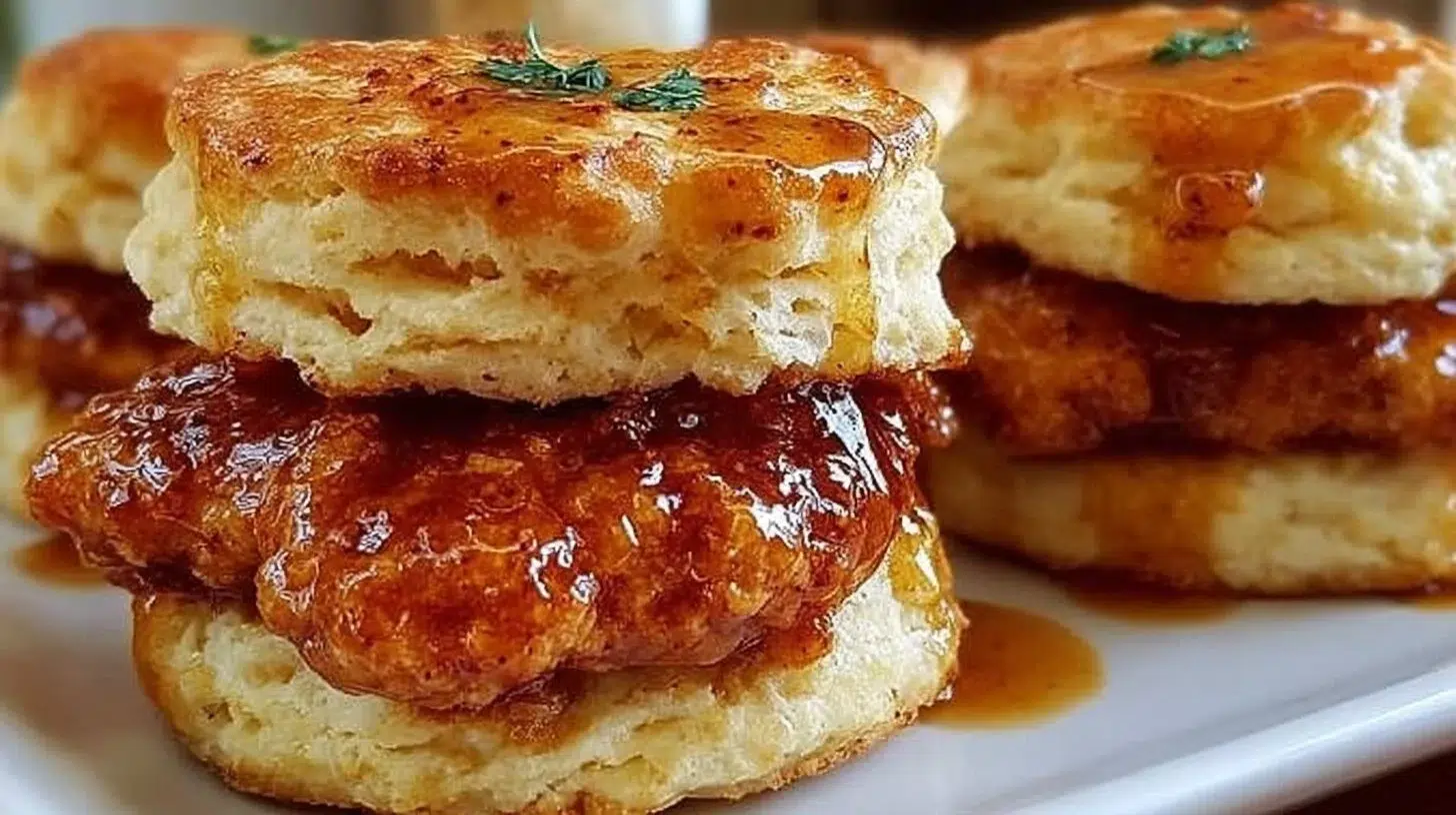 Hot honey chicken biscuits served on a plate with dipping sauce