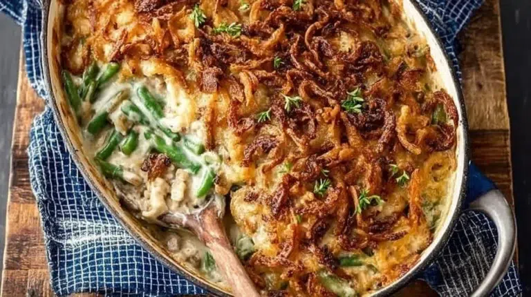 Ina Garten's green bean casserole with crispy topping and creamy filling