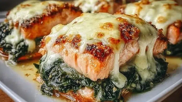 Irresistible baked salmon with spinach and mozzarella atop a serving plate.