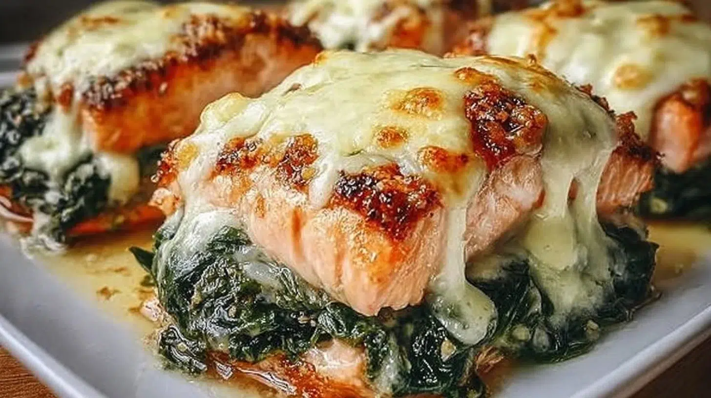 Irresistible baked salmon with spinach and mozzarella atop a serving plate.