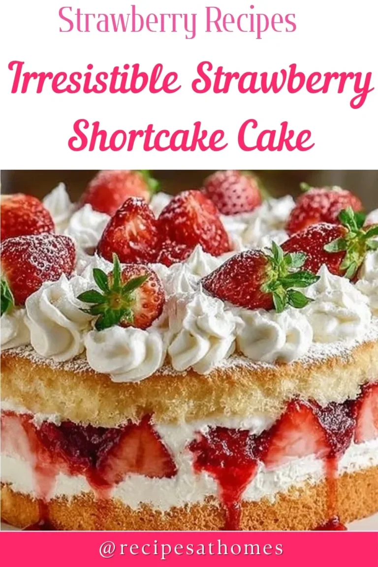Delicious strawberry shortcake cake topped with fresh strawberries and whipped cream