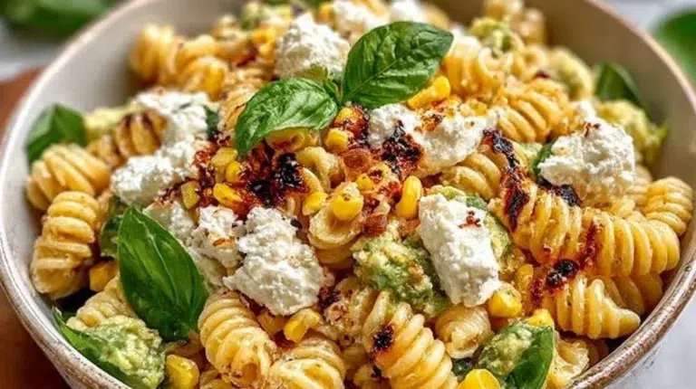 Juicy street corn pasta salad topped with fresh herbs and lime.