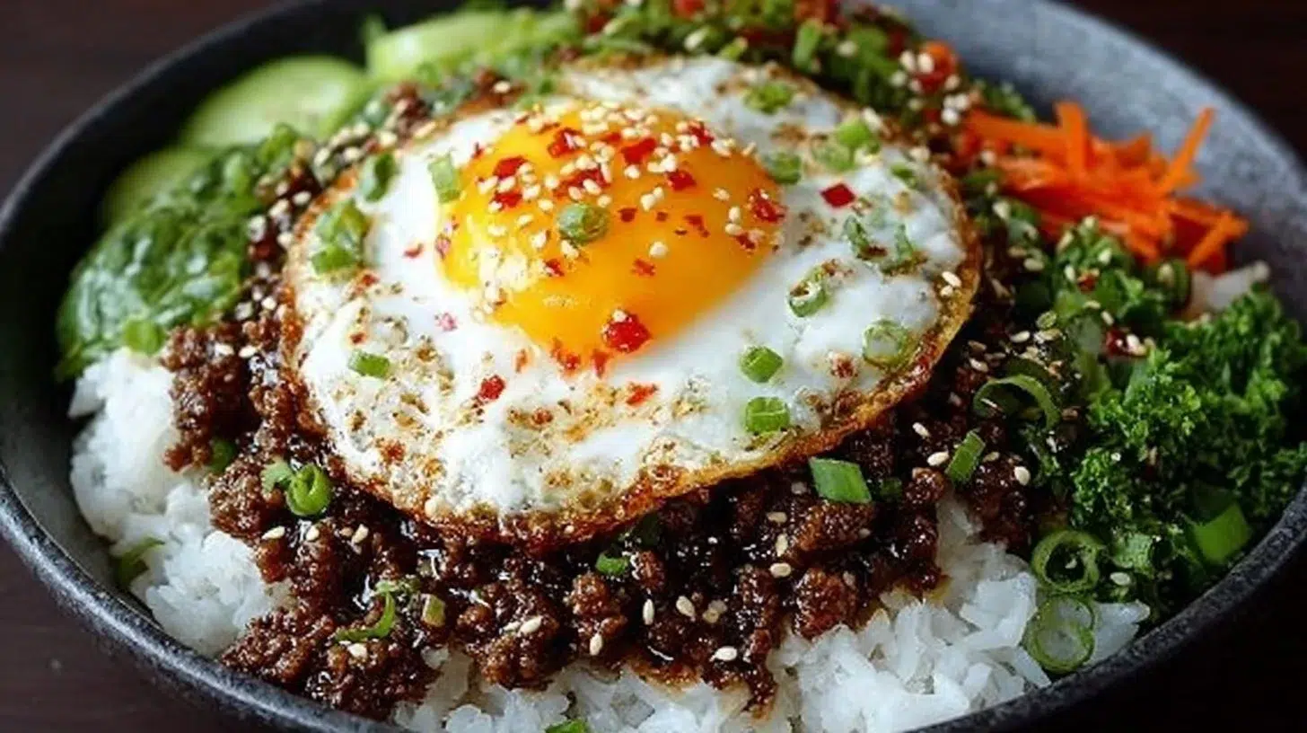 Delicious Korean Ground Beef Bowl with vegetables and rice