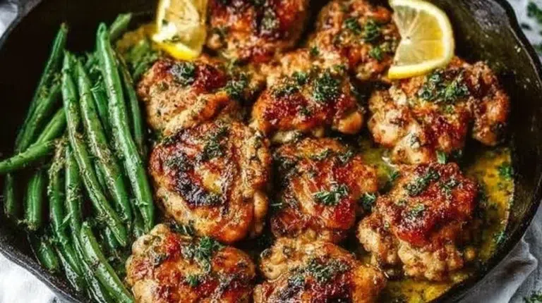Lemon Garlic Butter Chicken Thighs topped with herbs and lemon slices