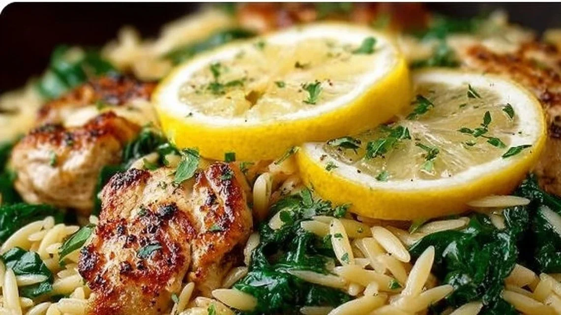 Lemon Garlic Chicken with orzo and spinach, served on a plate
