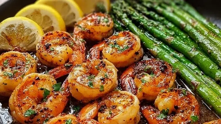 Plate of Lemon Garlic Shrimp and Asparagus garnished with lemon slices