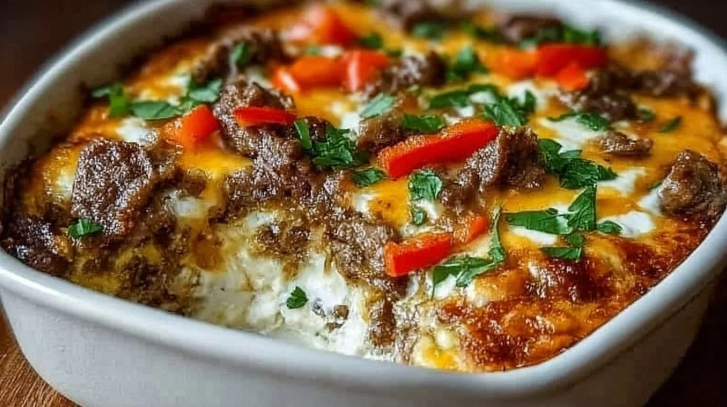 Low Carb Philly Cheesesteak Casserole served in a dish