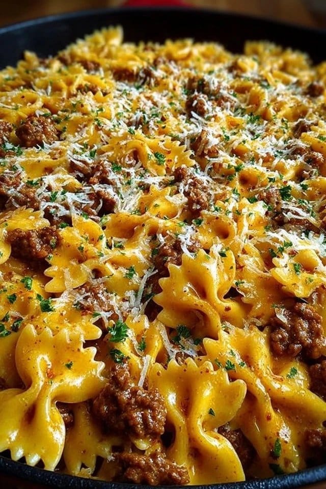 Cajun Cream Cheese Alfredo Bowties with Spiced Ground Beef