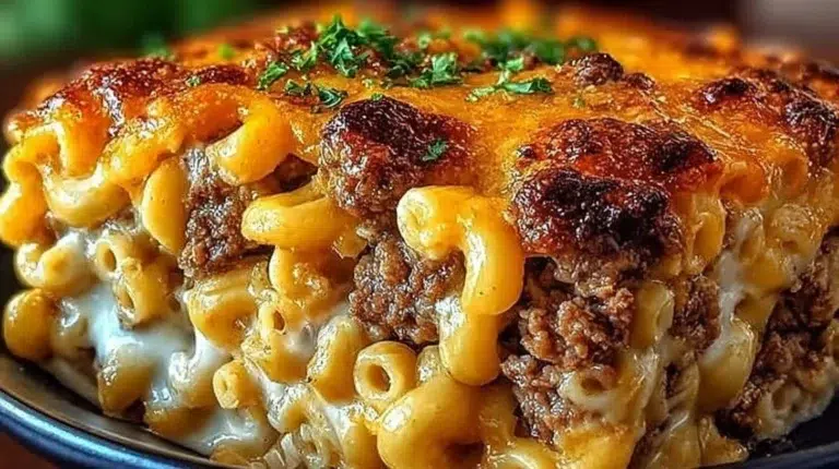 Delicious Mac and Cheese Meatloaf Casserole served in a baking dish