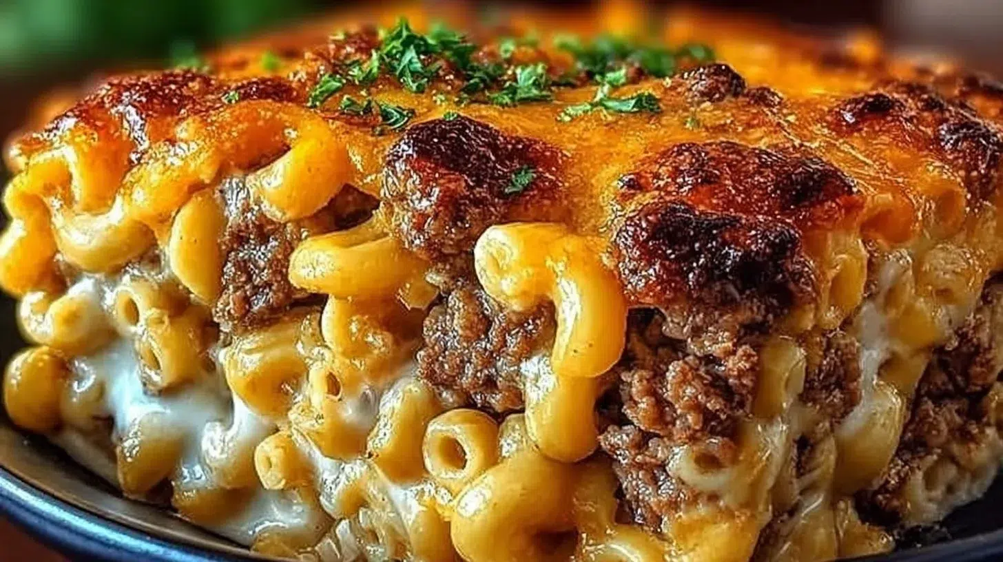 Delicious Mac and Cheese Meatloaf Casserole served in a baking dish