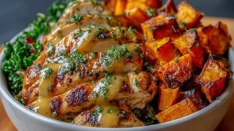 Maple Dijon Chicken served with roasted sweet potatoes in a nutritious bowl