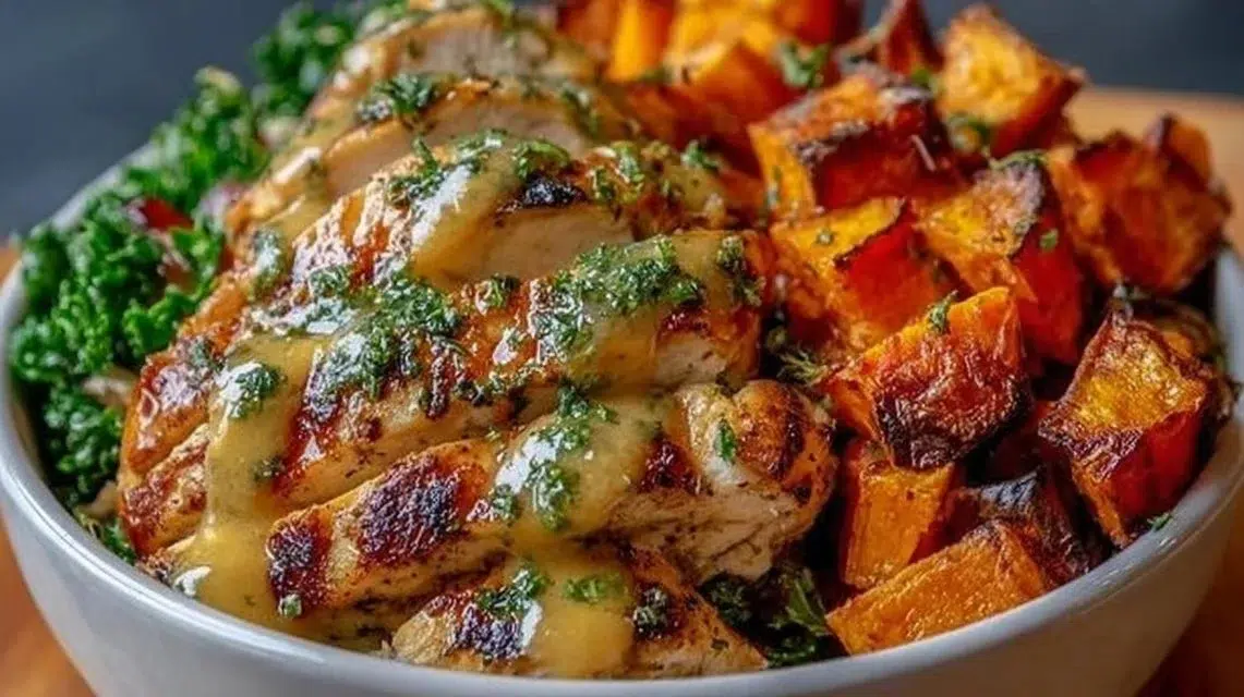 Maple Dijon Chicken served with roasted sweet potatoes in a nutritious bowl