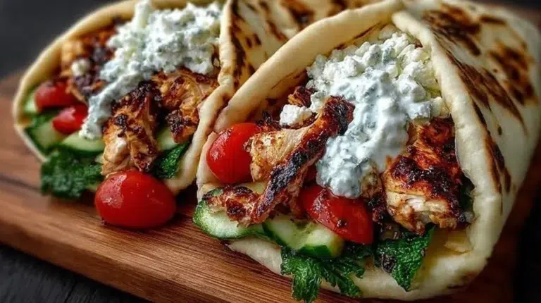 Plate of Mediterranean Chicken Gyros with fresh vegetables and tzatziki sauce