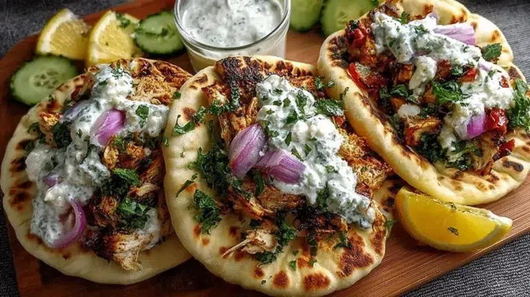 Mediterranean Chicken Gyros served with creamy feta tzatziki sauce