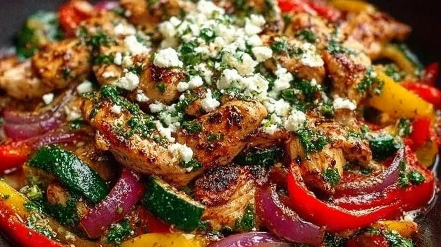 Colorful Mediterranean Chicken Stir Fry with vegetables in a skillet