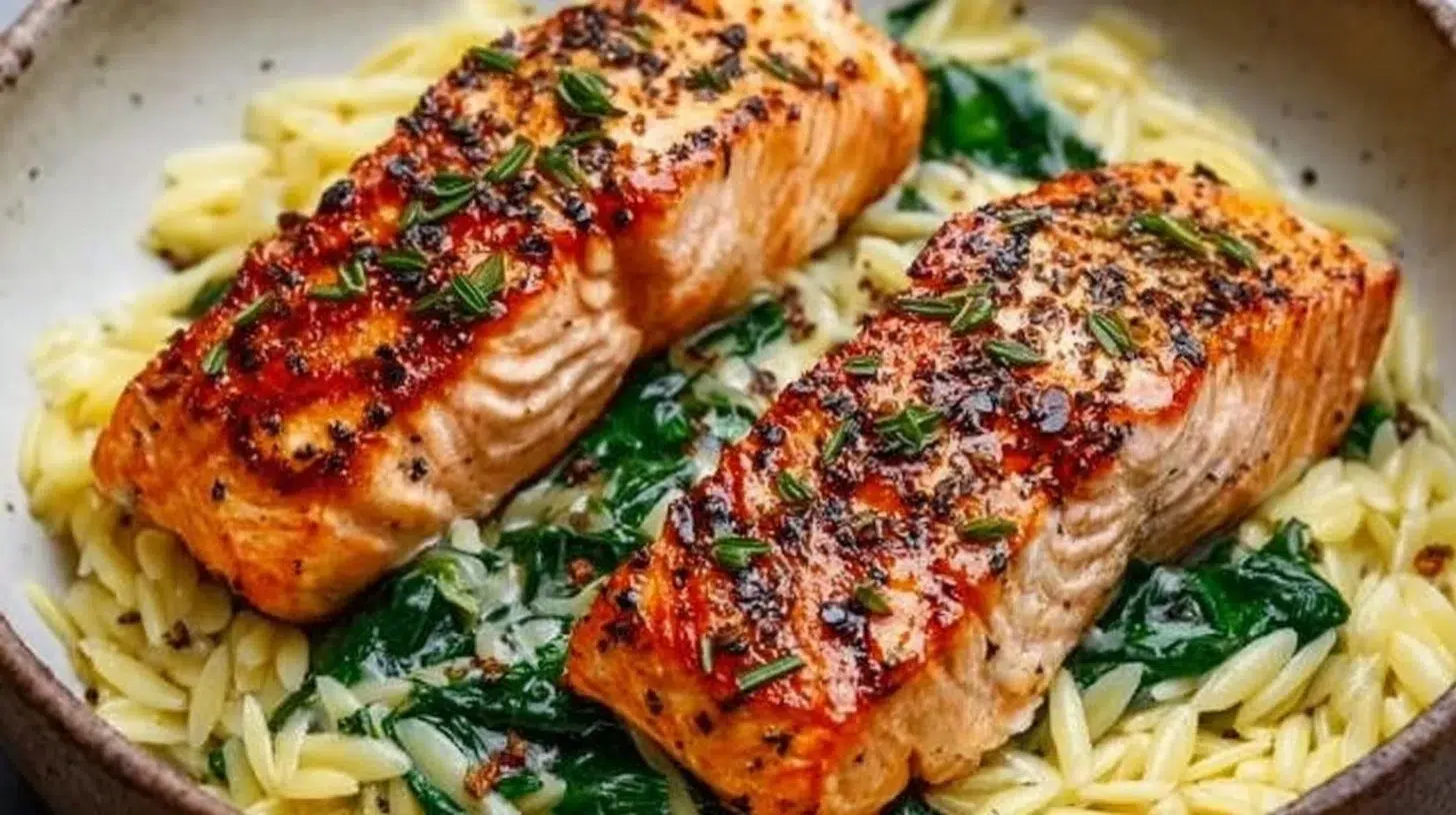 Mediterranean Salmon served with lemon orzo garnished with fresh herbs.