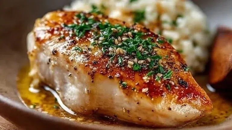 Delicious melt-in-your-mouth chicken breast on a plate garnished with herbs