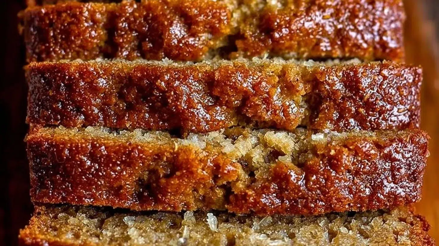 Sliced moist banana bread on a wooden table with bananas beside it