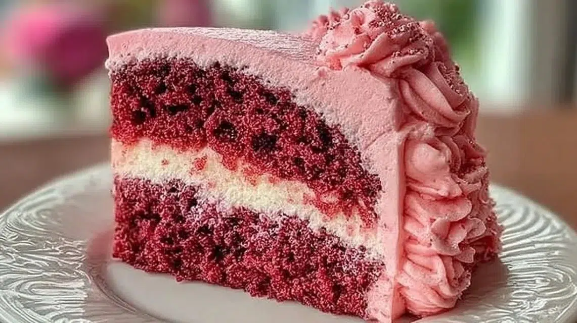 A beautiful Mother's Day Pink Velvet Cake topped with cream cheese frosting.