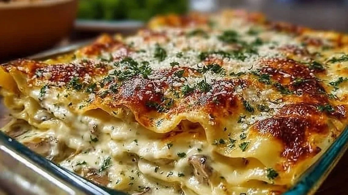 Delicious Mushroom Lasagna with layers of cheese and mushrooms