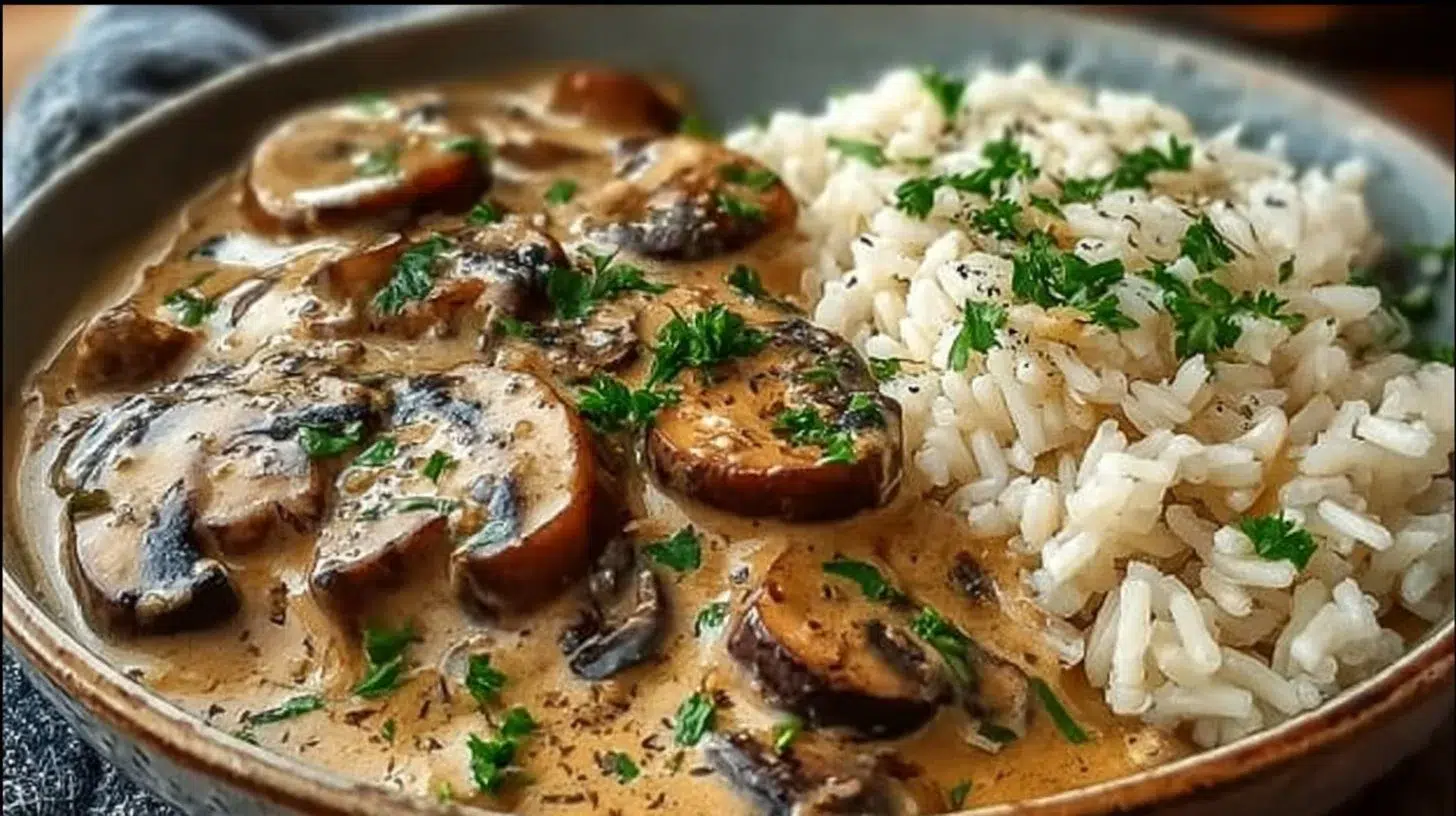 Creamy Mushroom Stroganoff served over brown rice in a bowl