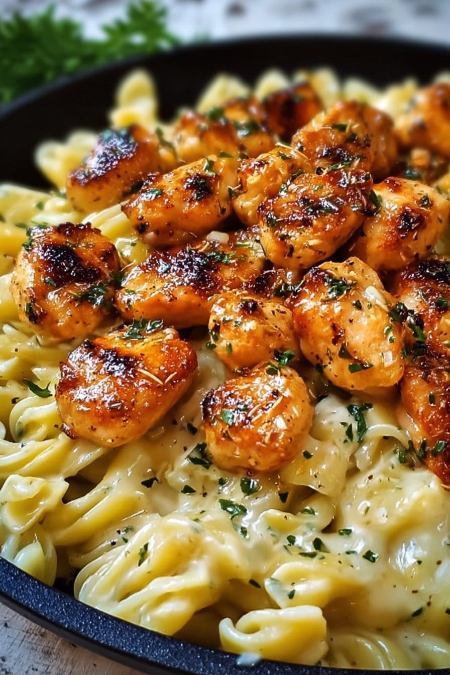 Garlic Butter Chicken Bites with Savory Creamy Parmesan Pasta
