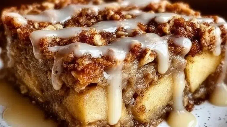 Baked oatmeal apple breakfast dish topped with cinnamon and nuts