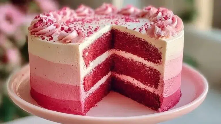 Ombre pink velvet cake decorated with frosting and flowers