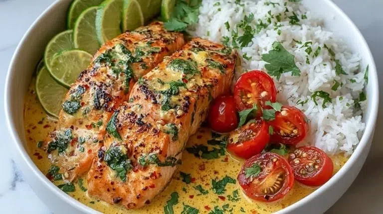 One-Pan Coconut Curry Salmon with Garlic Butter served on a plate