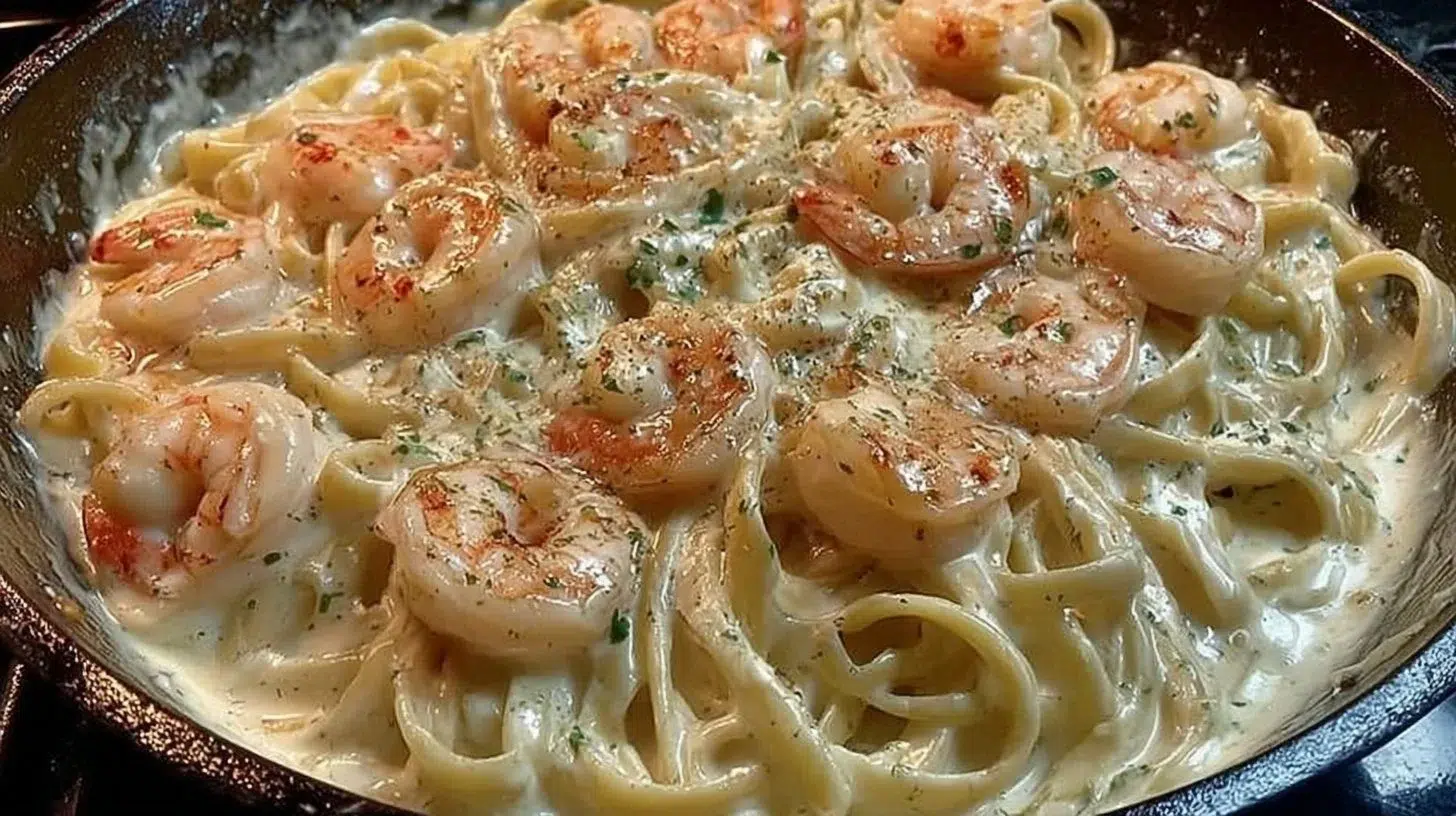 One Pan Shrimp Fettuccine Alfredo with succulent shrimp and creamy sauce