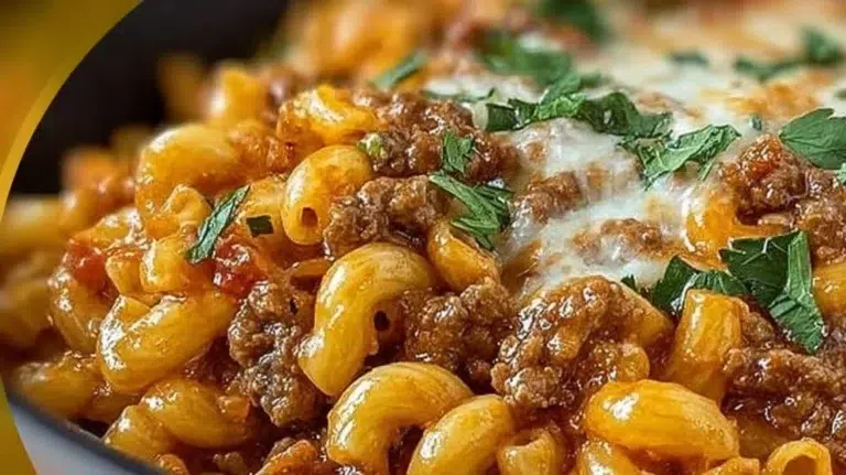 One Pot Beefaroni dish served in a bowl with cheese