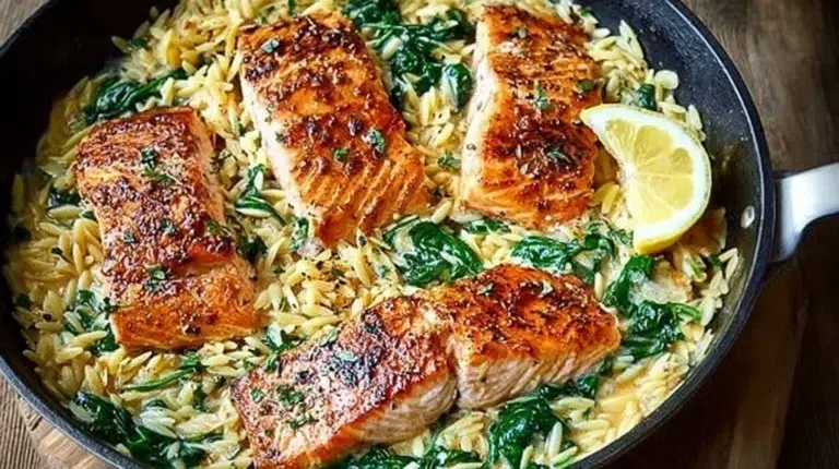 Delicious skillet salmon served with lemon orzo in a cast iron skillet.