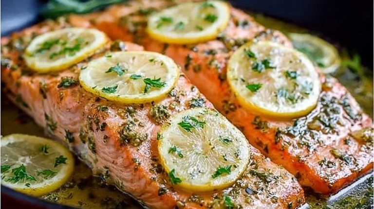 Delicious oven roasted salmon served with lemon and herbs