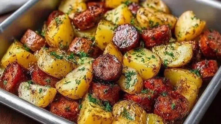 Oven-roasted smoked sausage and potatoes served on a plate