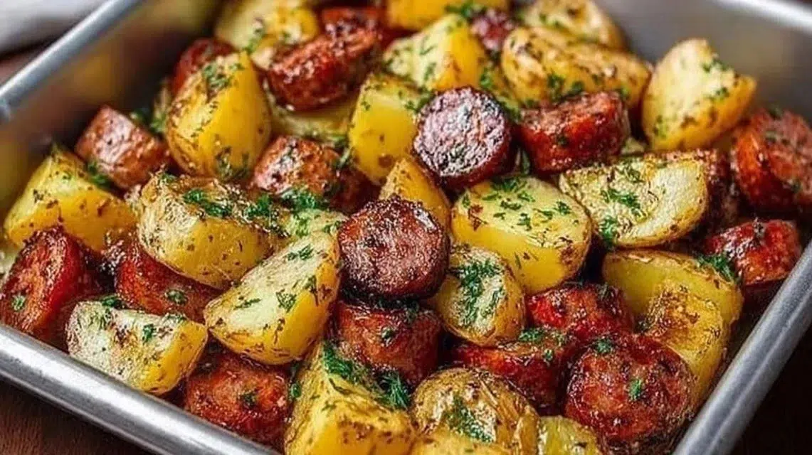 Oven-roasted smoked sausage and potatoes served on a plate