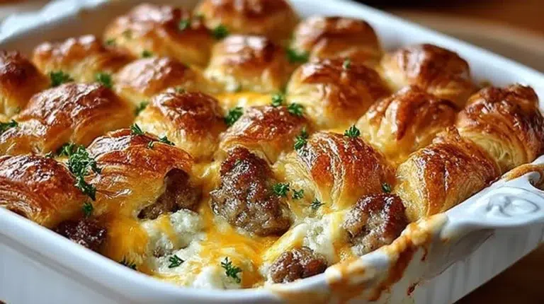 Delicious Overnight Croissant Breakfast Casserole baked to perfection